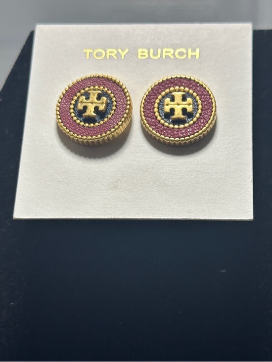 Tory Burch Jewelry - Tory Burch Double T Burgundy Enamel Gold Tone Logo Stud Earrings